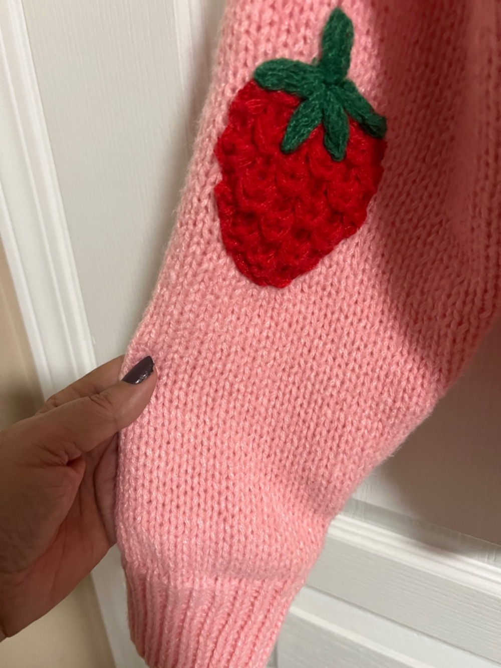 Luna Ivy Pink Strawberry Appliqué V-Neck Cardigan Sweater - Picture 5 of 12